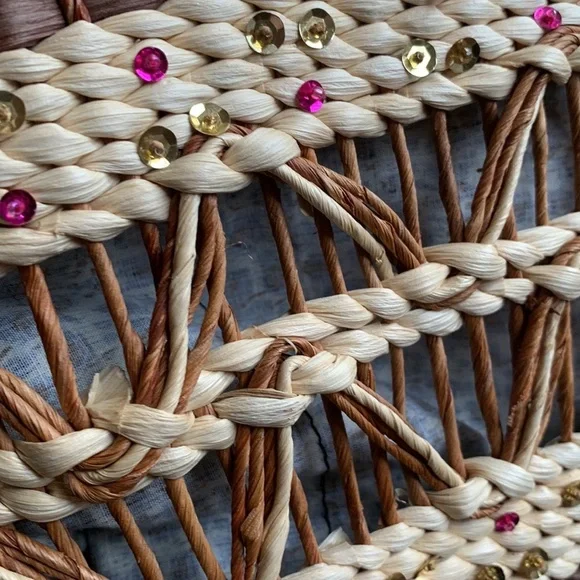 Sondra Roberts Coral Straw Woven Wood Ring Handle Beach Bag with Fringes - Picture 5 of 16